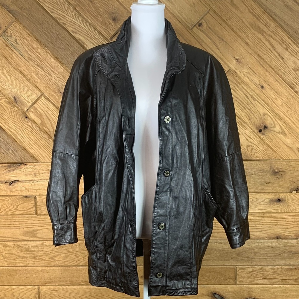 Vtg Jacqueline Ferrar Women Leather Jacket Button Front Long Sleeve Black Size M